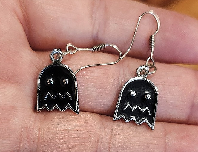 ENAMEL EARRINGS~PAC MAN GHOSTS~SILVER BLACK DANGLE PIERCED .75″ X .5″ FASHION