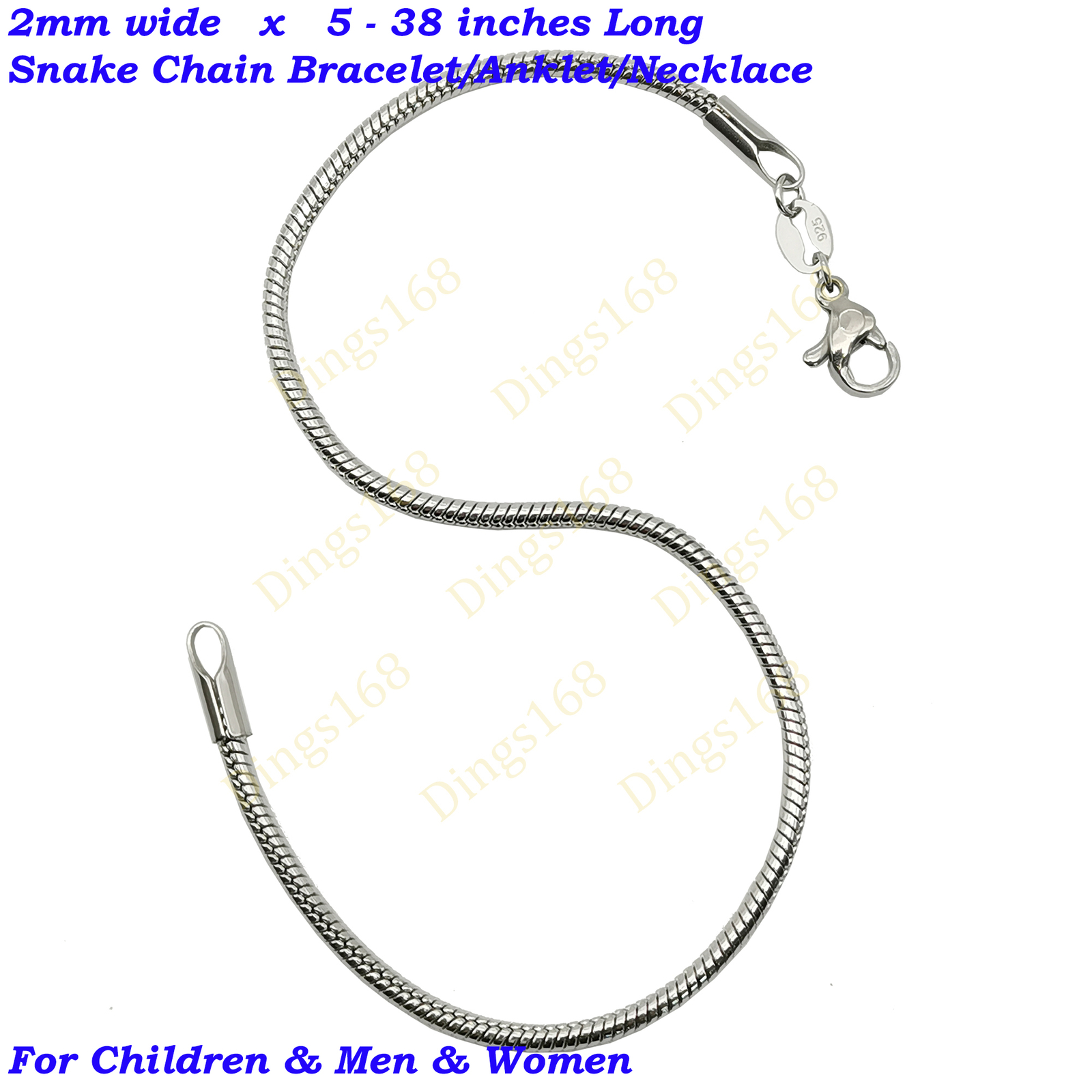 Genuine 925 Sterling Silver Snake Chain 5″ 6″ 7″ 8″ 9″ 10″ 12″ 16 18″ 20″-38inch