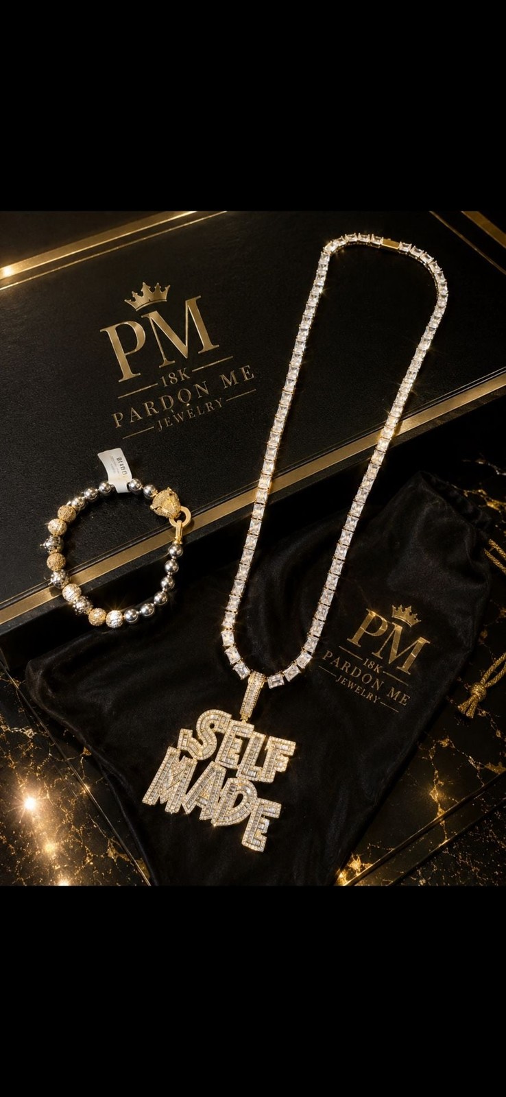 18K Gold Filled Self Made Pendant Tennis Chain Panther Bracelet Set