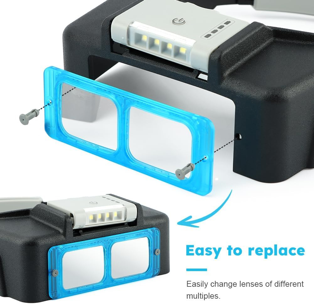 Headband Magnifier with LED Light USB Rechargeable 4 Lens Set for Close Work Rea