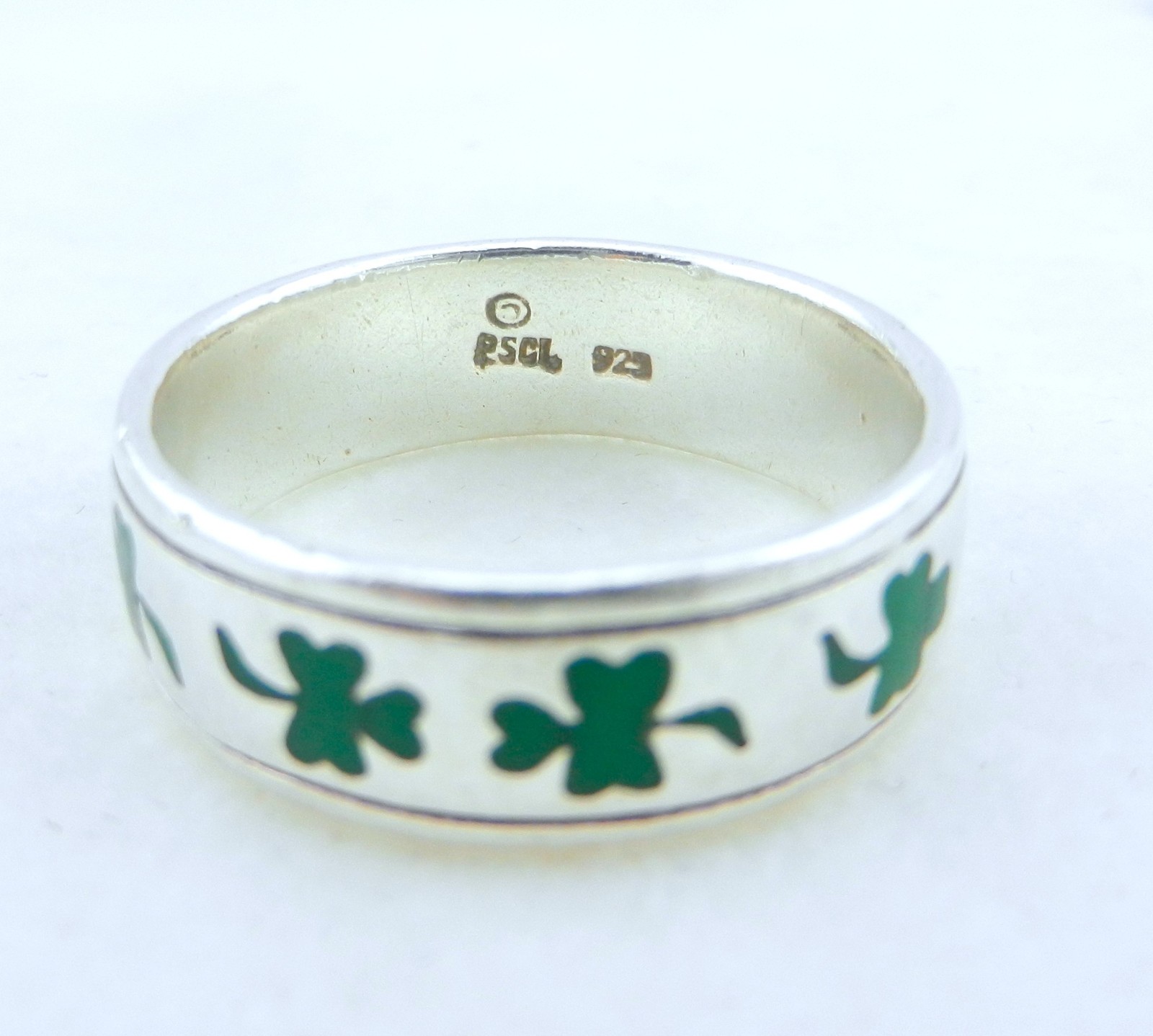 Peter Stone Green Enamel Shamrock Sterling Silver Good Luck Ring Band Sz 11 PSCL