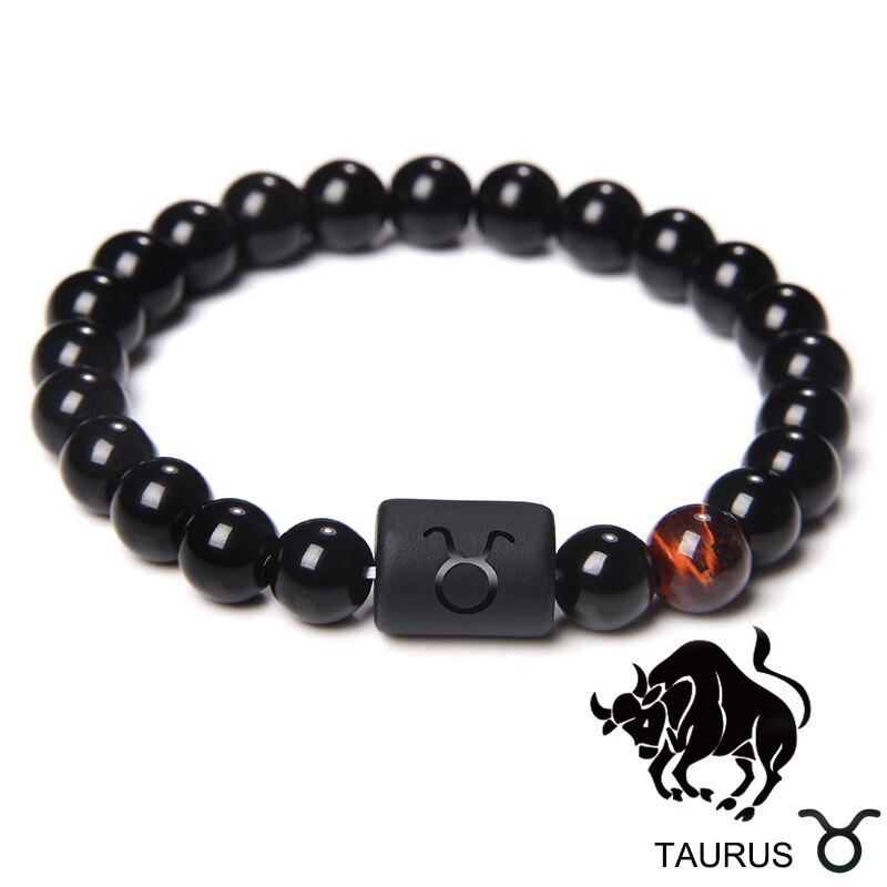 Zodiac Sign Natural Black Stone Beaded Elastic Stylish Bracelet Astrological