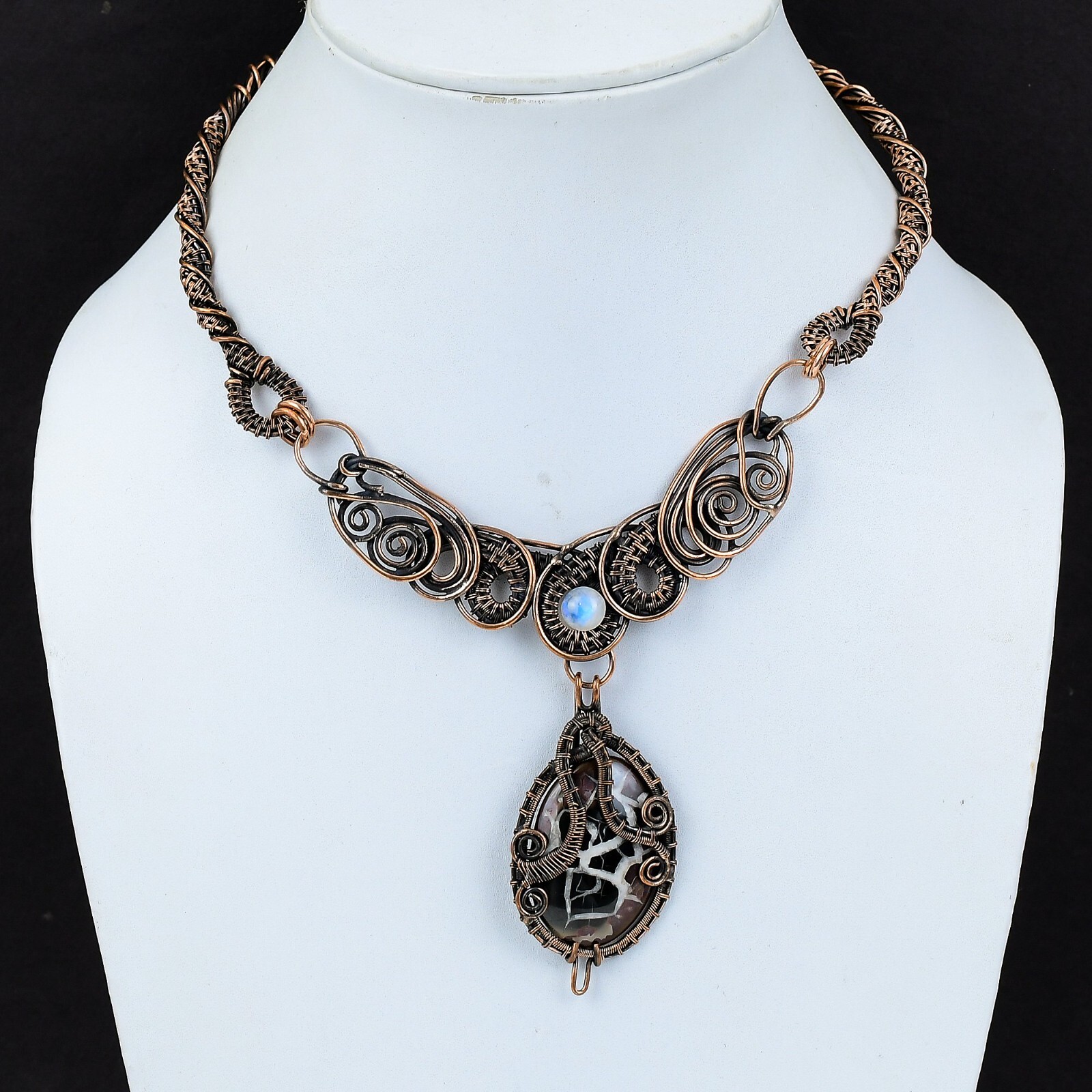 Gift For Her Moroccan Mud Crack Fossil Wire Wrapped Chain Necklace Copper 18.0″