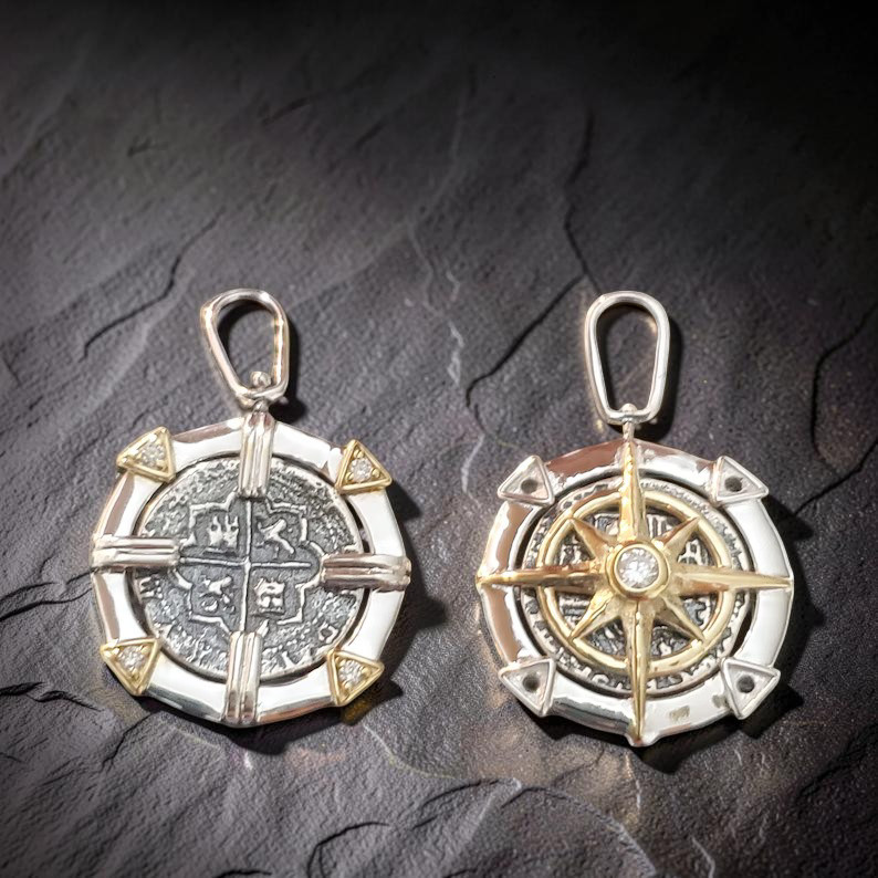 Atocha Compass Reversible Pendant 14k Gold Overlay White Topaz Certificate
