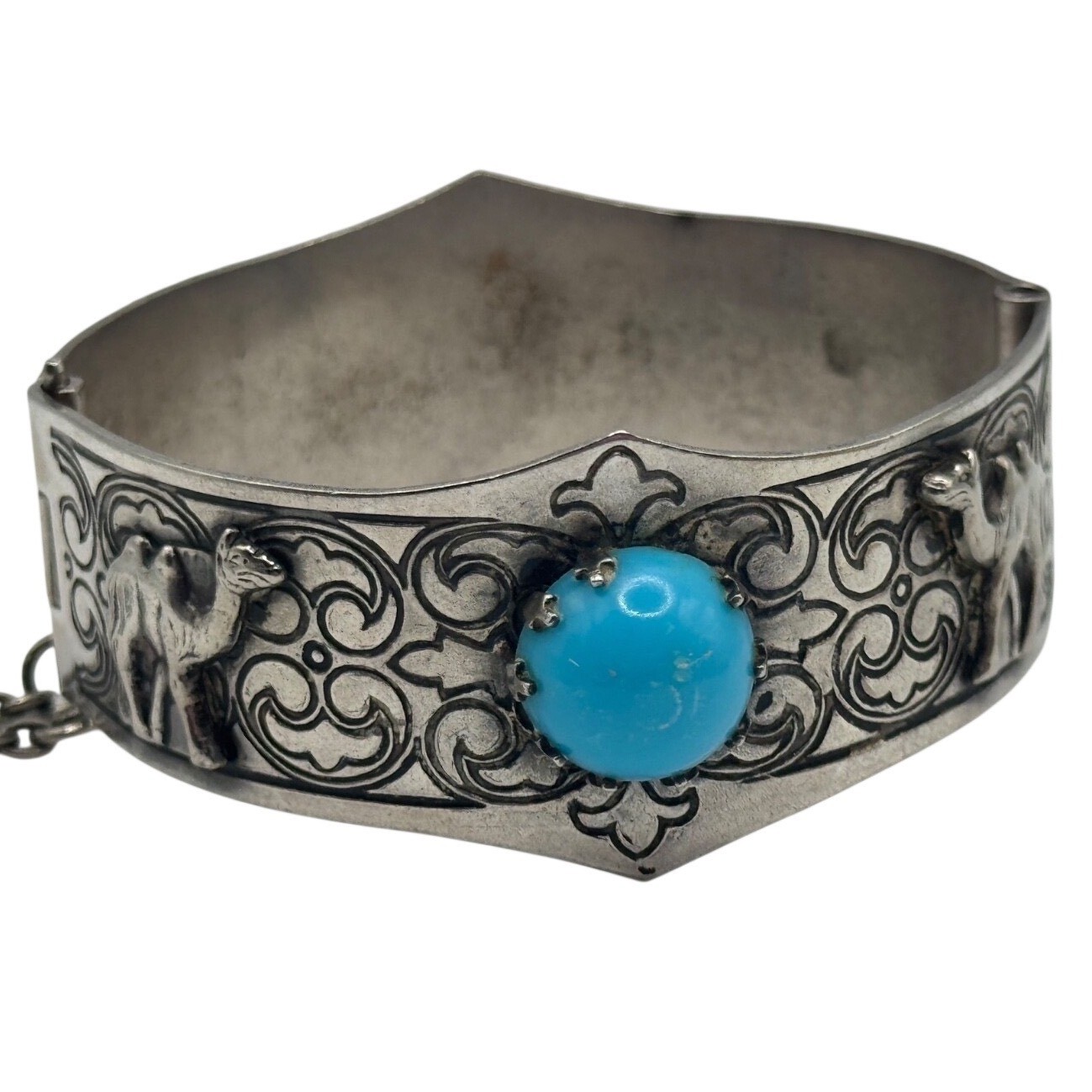 Vintage Camel Hamsa Hand of Fatima Egyptian Silver Tone Hinged Bracelet