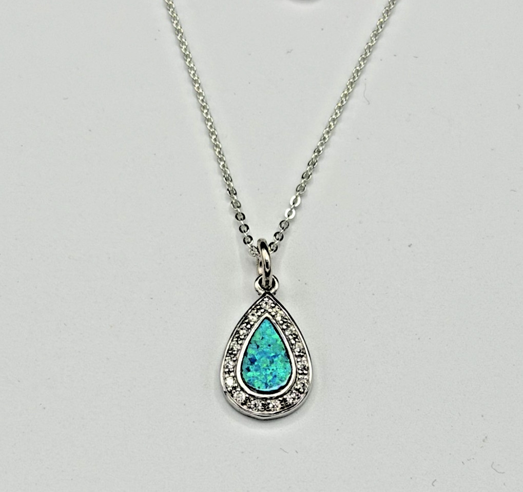 Sterling Silver Lab Blue Opal and CZ Pendant Necklace 18″ 4.1g NWT Gift Box