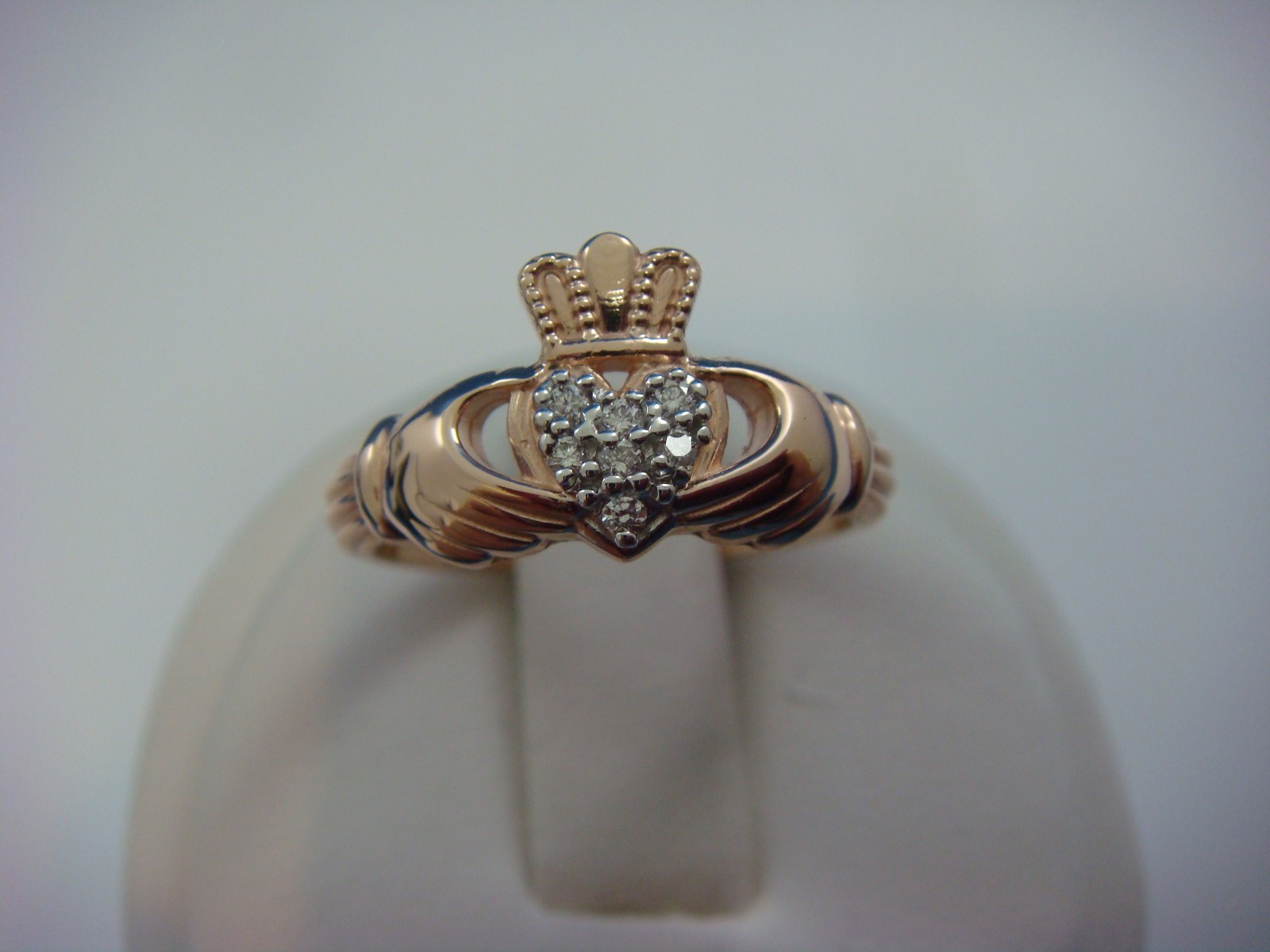 14K ROSE GOLD IRISH GIRL`S-LADIES LOVE CLADDAGH RING-BAND WITH DIAMONDS 4.1 GRAM