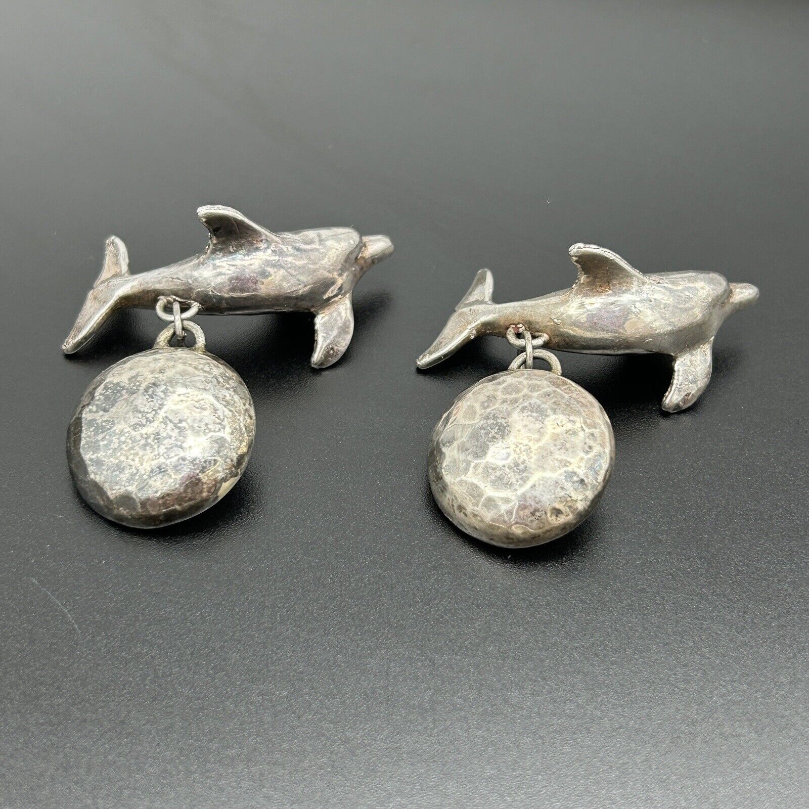 Vintage Signed Susan Cummings Sterling Silver Dolphin Dangle Clip On Earrings