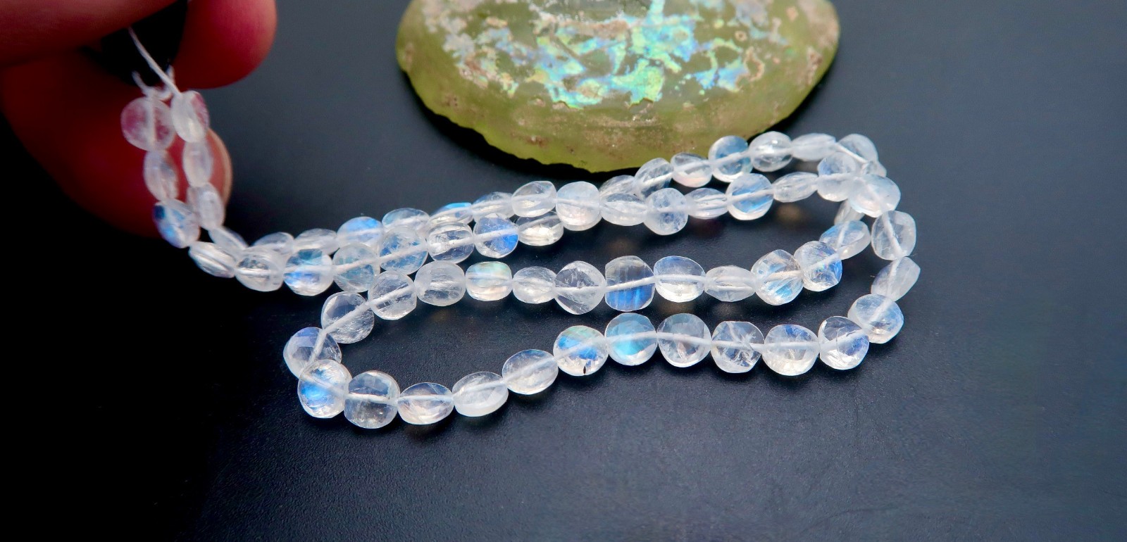 FULL STRAND STUNNING AAAA BLUE TEAL FALSH MOONSTONE 4.3-4.6mm FACETED COIN BEADS