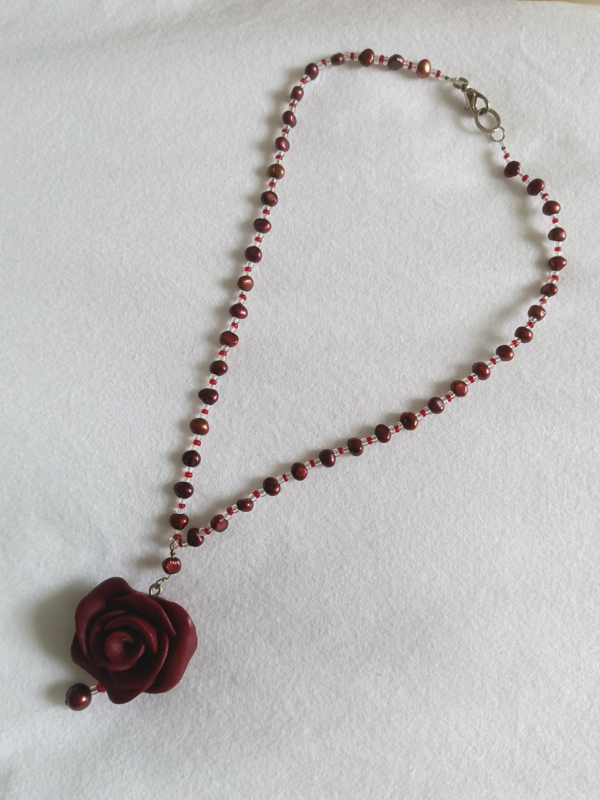 Handmade Red Rose Pendant Beaded Necklace Burgundy Romantic Gothic Boho 16″