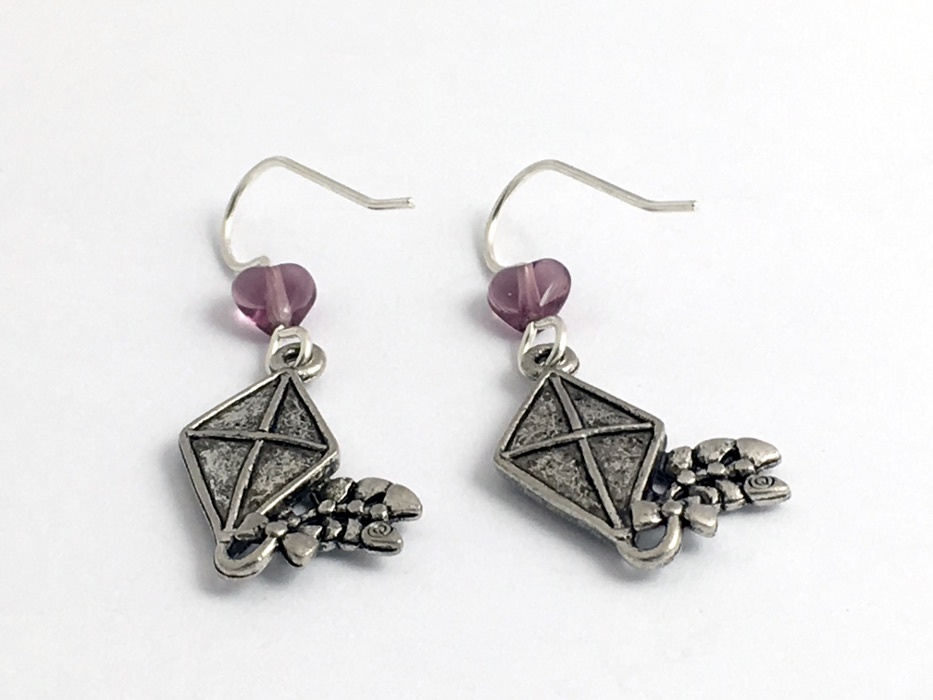 Pewter & Sterling silver Kite with tail dangle earring-Kites, fly a kite, heart