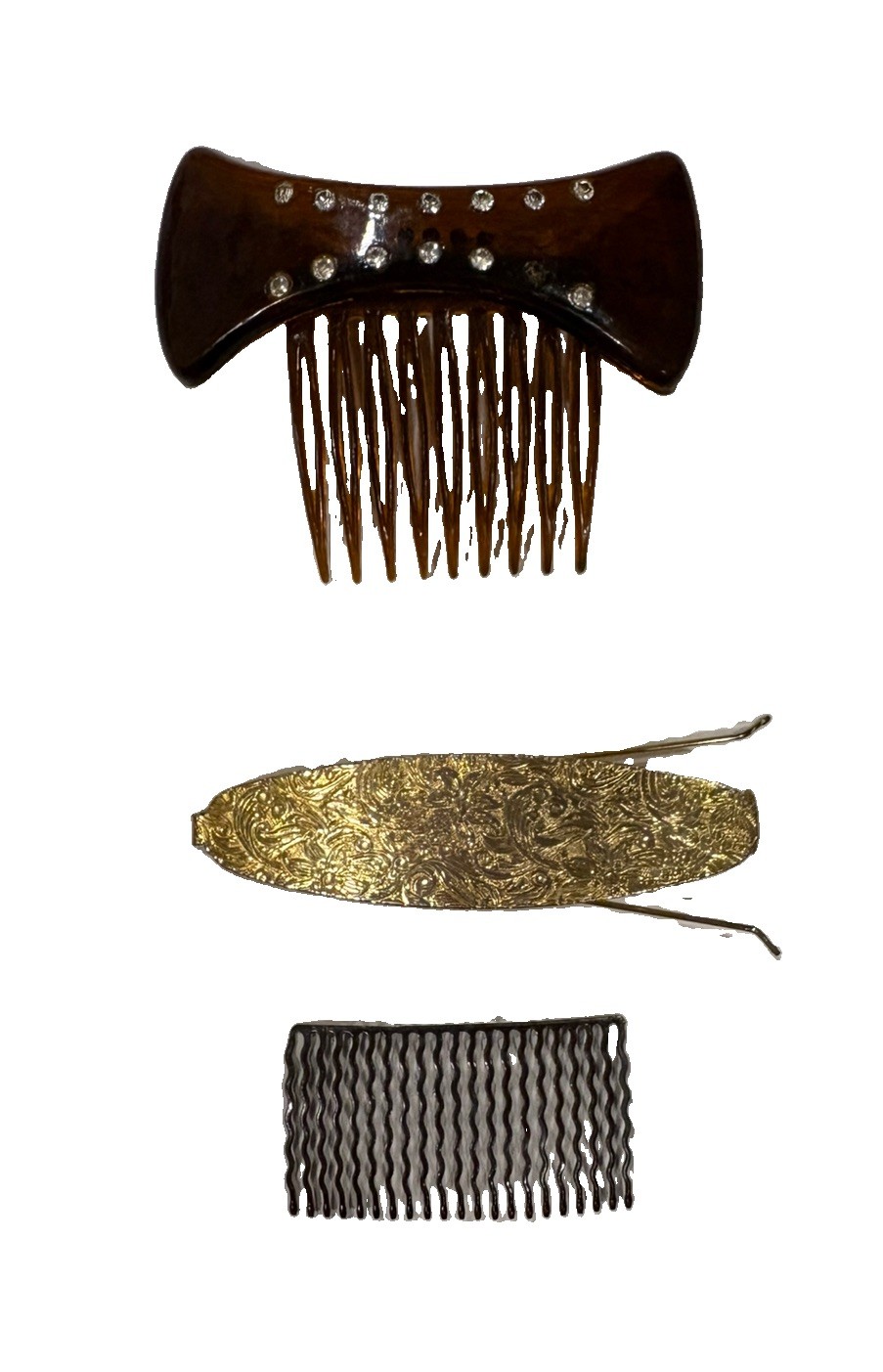 Vintage hair items:Faux tortoise shell hair comb, U-shaped hair pin, finger wave