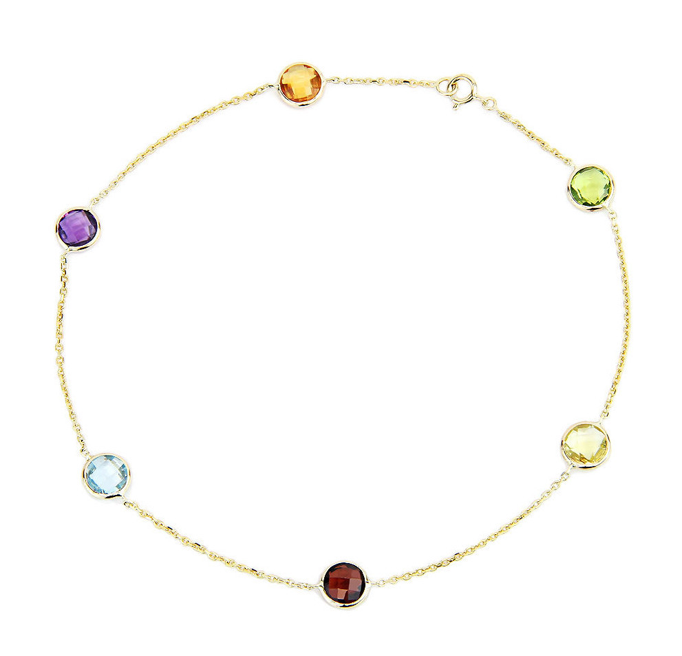 14K Yellow Gold Anklet Bracelet With Colorful Faceted Round Gemstones 9.5 Inches