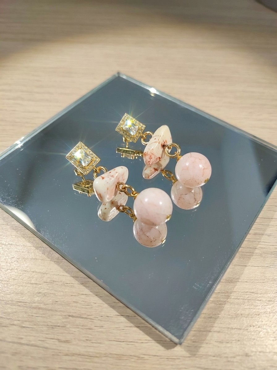 Pink Coral, Quartz and Crystal Pendant Earrings