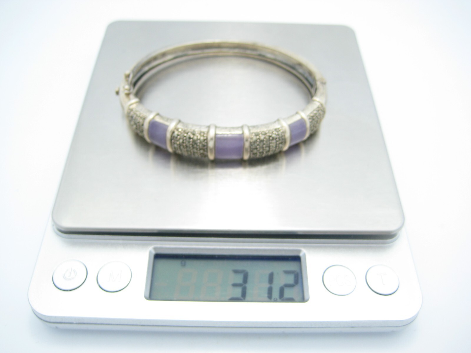 CRA Sterling Silver 9.7mm Marcasite Purple Stone Cuff Bracelet