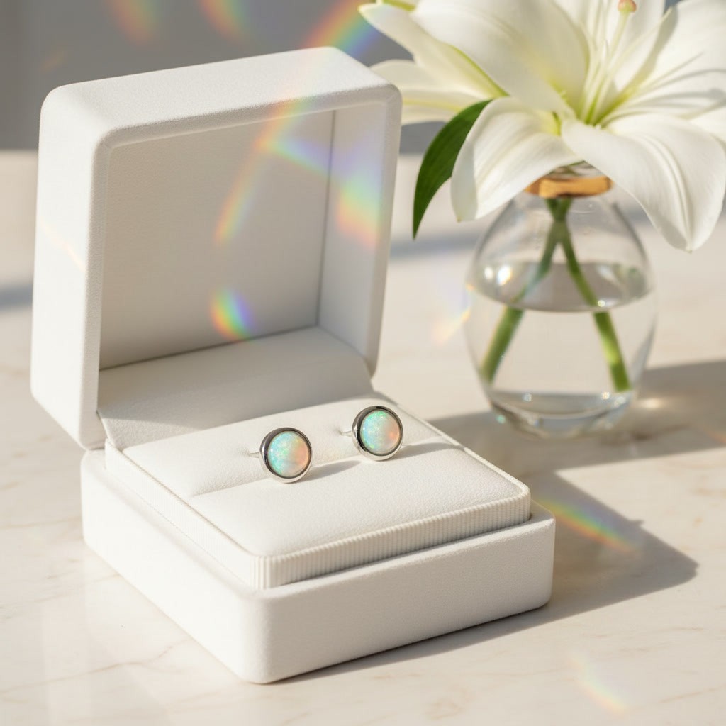 Natural Fire Opal Earrings with Bezel Setting, Round Opal Stud Earrings 5mm