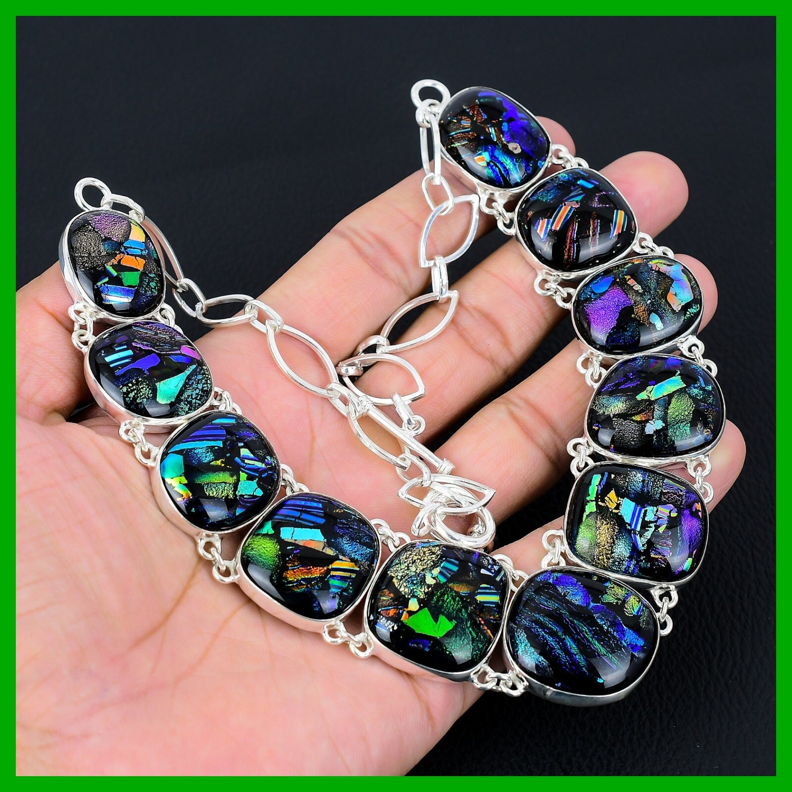 American Dichroic Glass Gemstone 925 Sterling Silver Chain Boho Necklace Jewelry