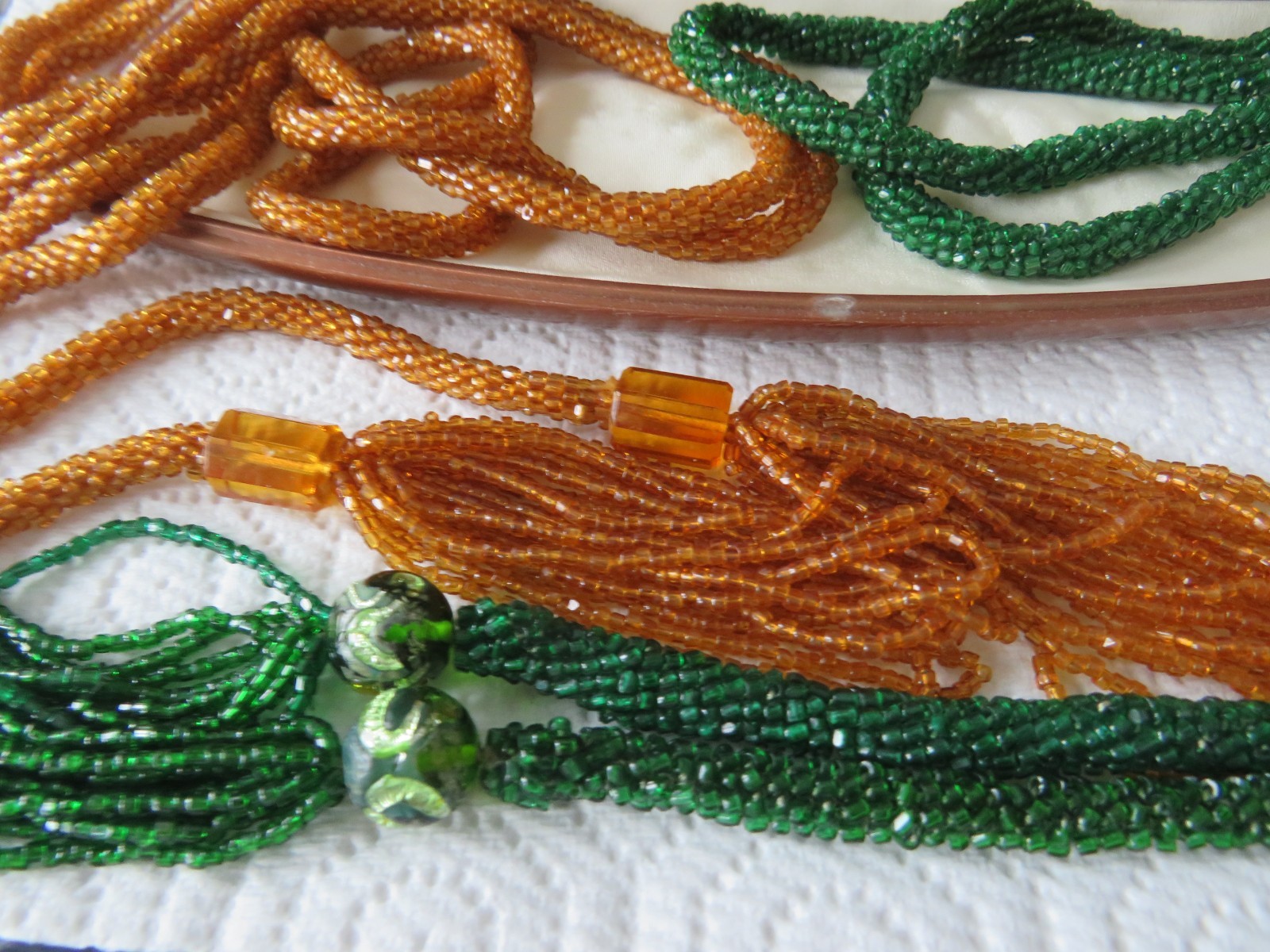 Lot 2 Antique Braun Crystal Opera Beads, Green & Gold Tns, With Braun Case