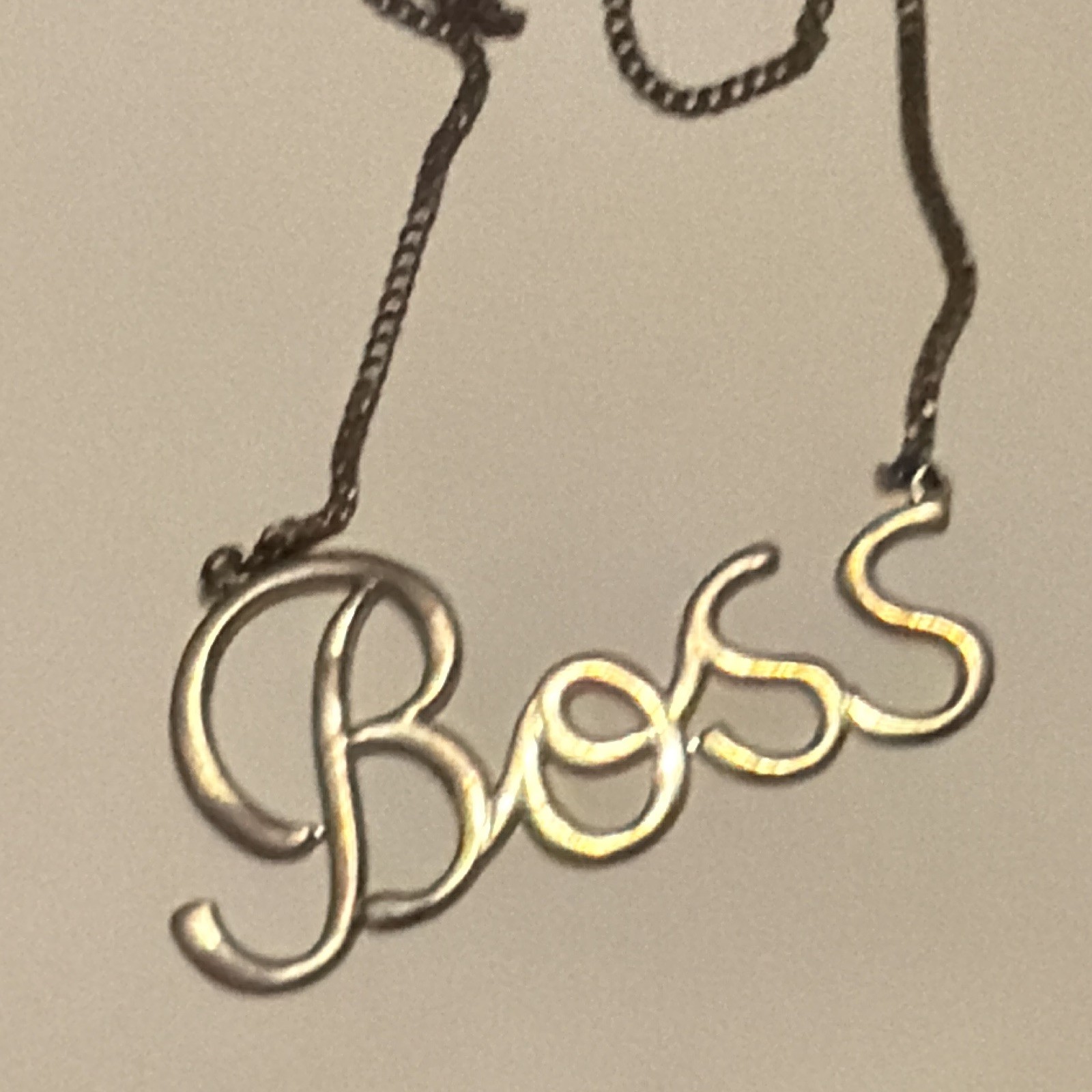 Silver Tone Metal “Boss” Word Pendant Cable Chain Necklace, No Stone