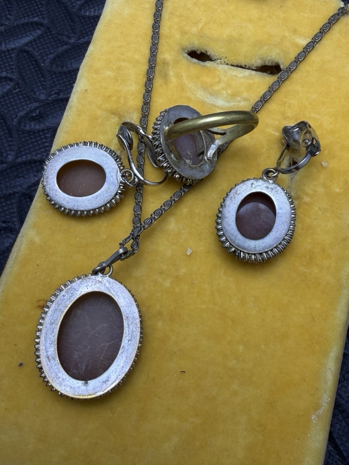 Antique Ditta Lopez Shell Cameo Set Earrings Necklace Ring-Naples Italy w/Box