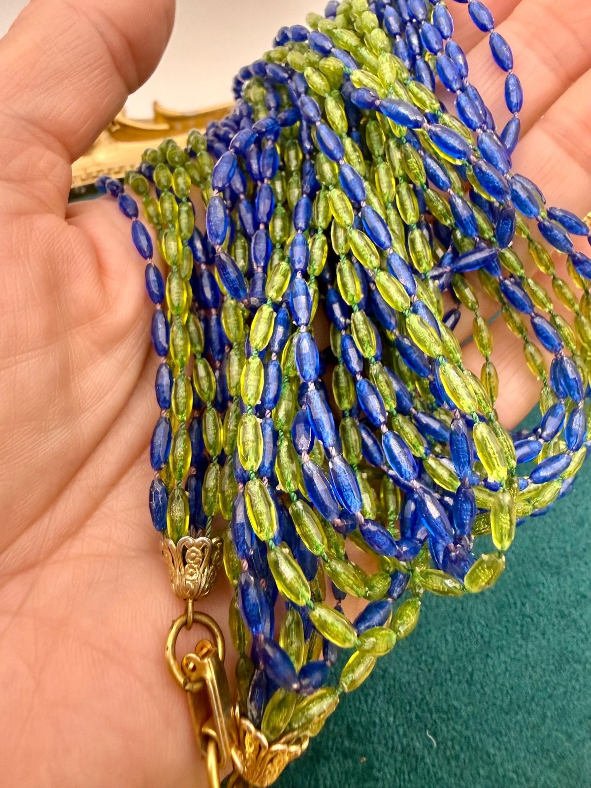 Vintage 1960s Cobalt Blue & Chartreuse Lucite Multi-Strand Necklace | 52” Long L