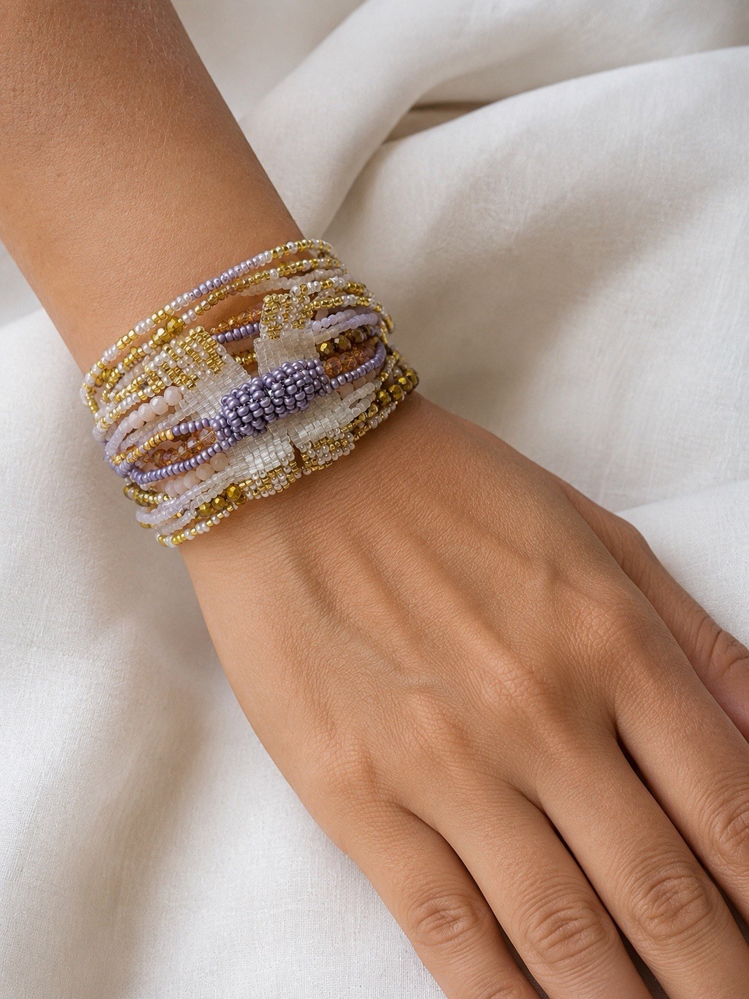 Multicolor Glass Beaded Wrap Bracelet Slide Closure Adjustable Gold/White/Purple