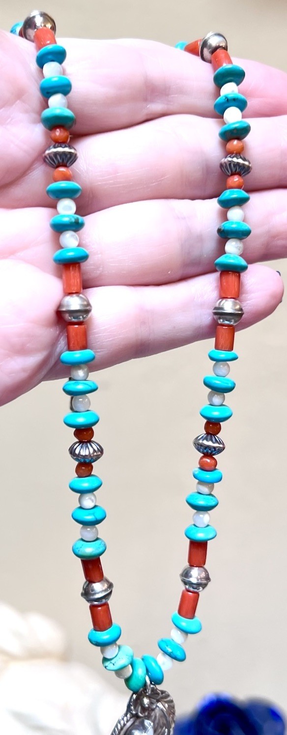 LOVELY Native, Navajo Signed Sterling Silver Turquoise, Coral, Etc Bird Necklace