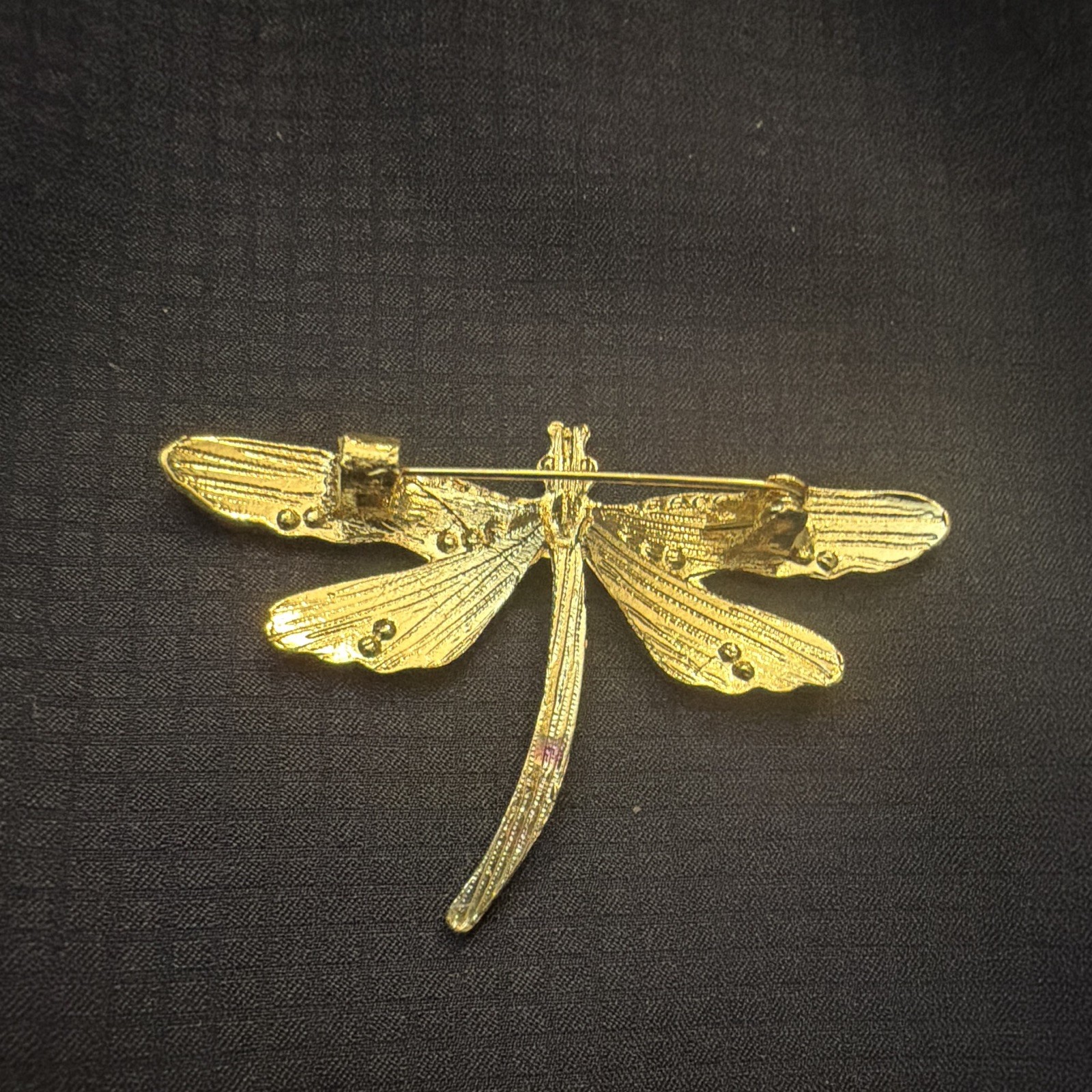 Gold Tone Enamelled Dragonfly Brooch Pin Purple Green Red Rhinestone
