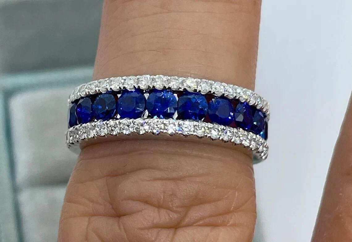 4.00 Ct Round Natural Sapphire Diamond Anniversary Ring 14K Solid White Gold 6