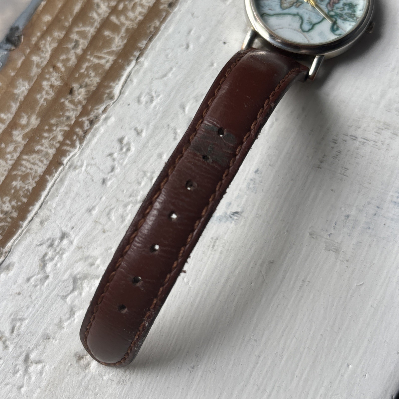 Womens Watch with World Map Face and Brown leather Strap