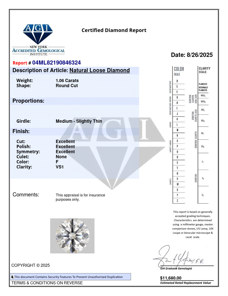 Certificate AGI Round 1.06 CT Natural Mined Diamond Loose F color VS1 clarity