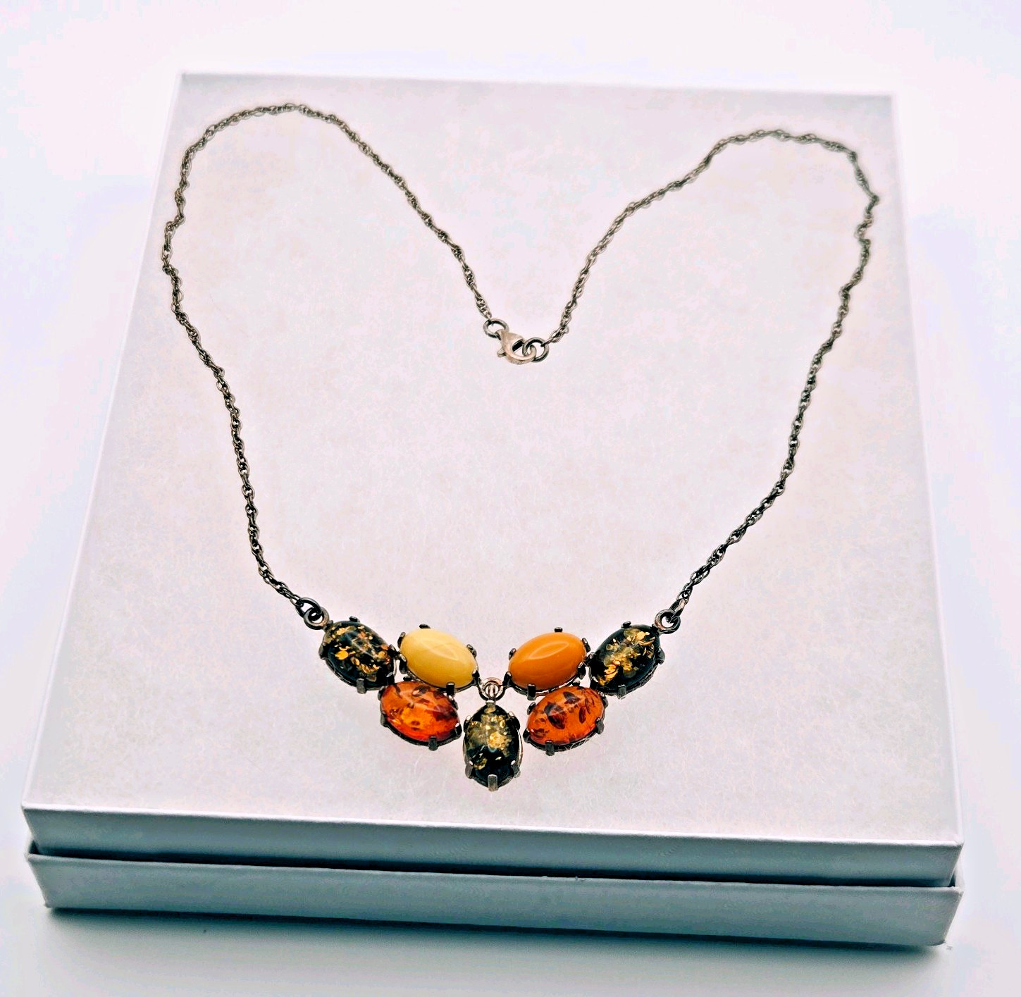 Amber 925 Vintage Bib Necklace Egg Yolk, Butterscotch 7 Amber Cabochons 9.89g