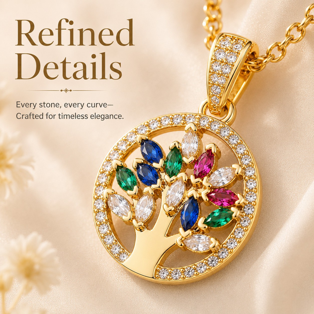 Tree of Life Necklace Women Gold Tone Stainless Steel Pendant Colorful Stones