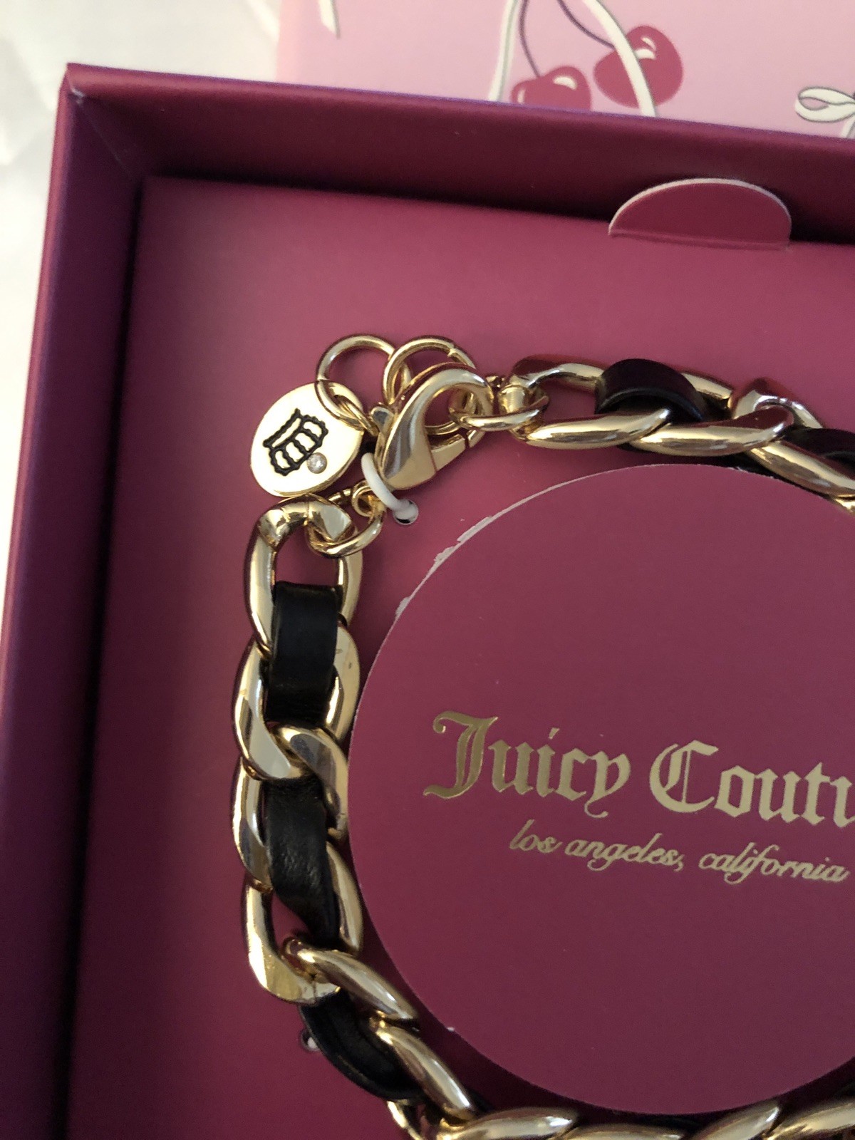 Juicy Couture Gold Tone & Woven Black Faux Leather Charm Bracelet Bee Charm NIB
