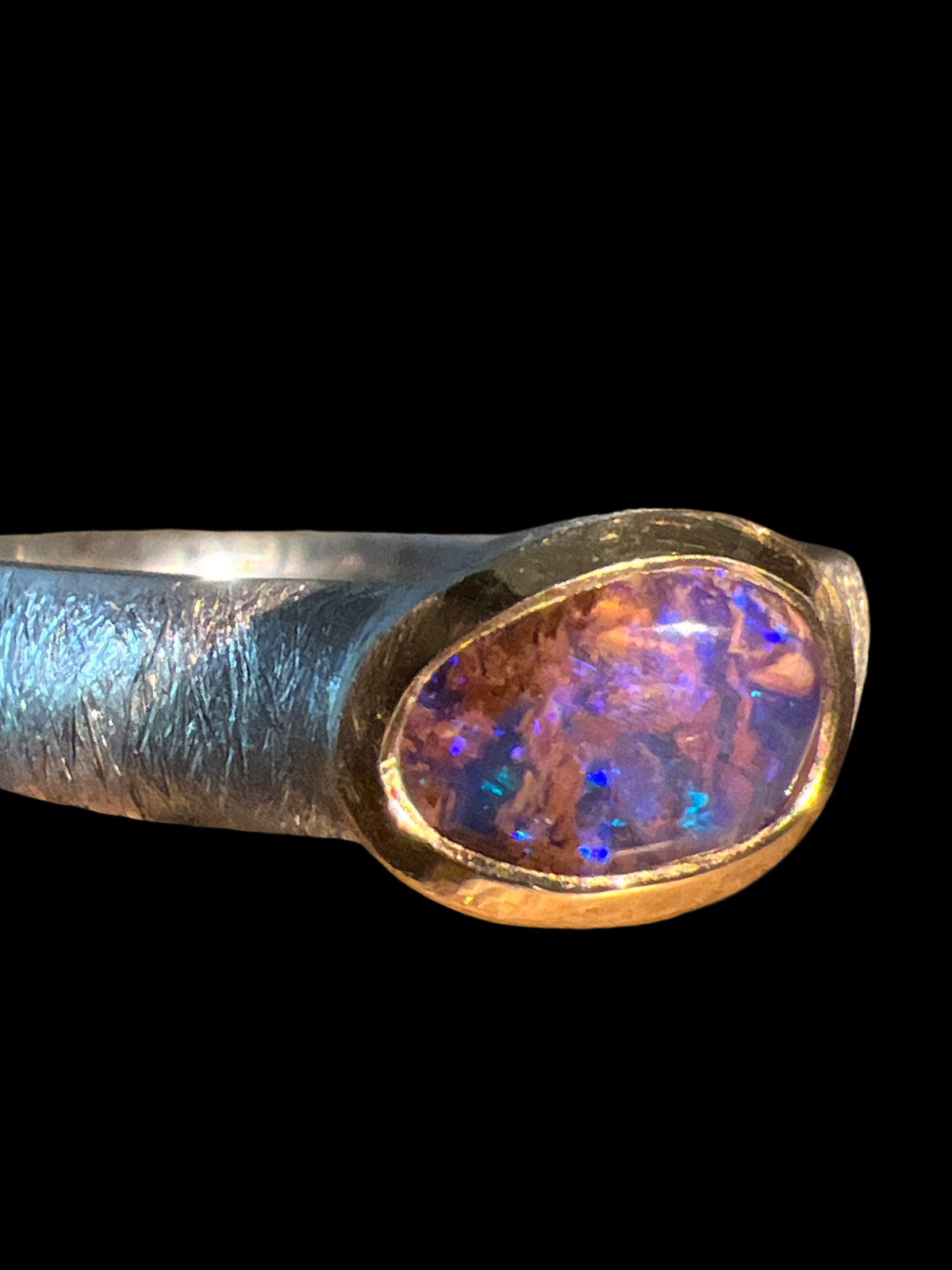 Blue Red Moon Opal 10mm x 7mm Ring in Sterling Silver with Gold Plated Setting