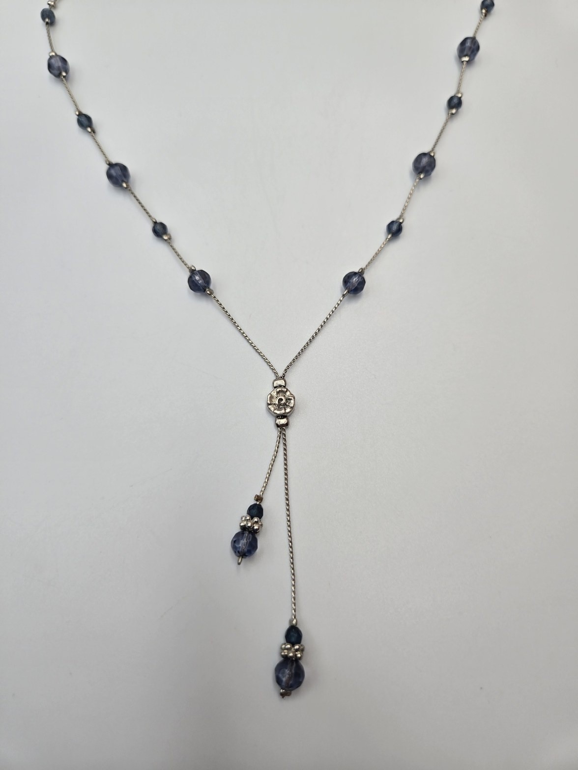 Silver-Tone Blue Crystal Bead Lariat Y-Drop Necklace Floral 318