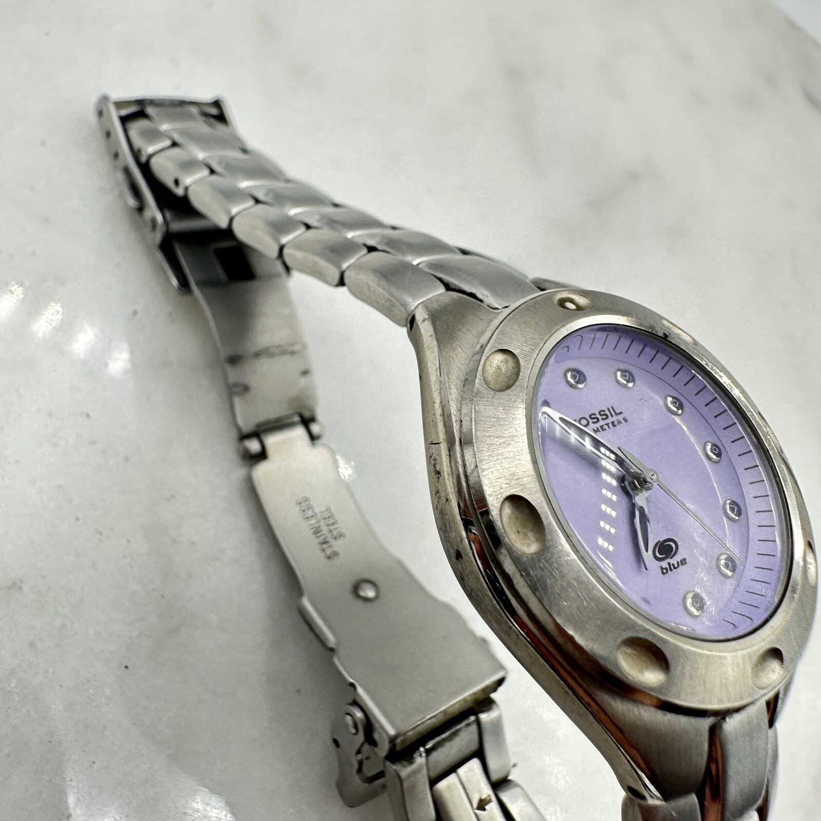 Fossil AM3388 Watch, Purple Dial, Silver Tone, New Battery Sz. 6.25”