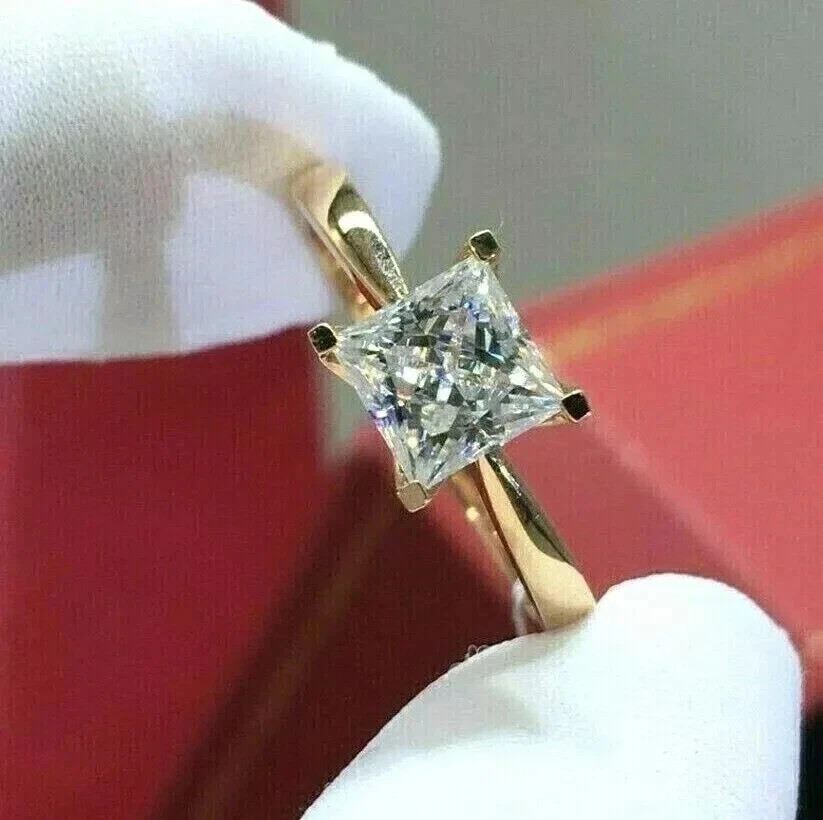 1CT Princess Cut Natural Diamond Solitaire Wedding Ring 14K Yellow Gold 6 7 8 9