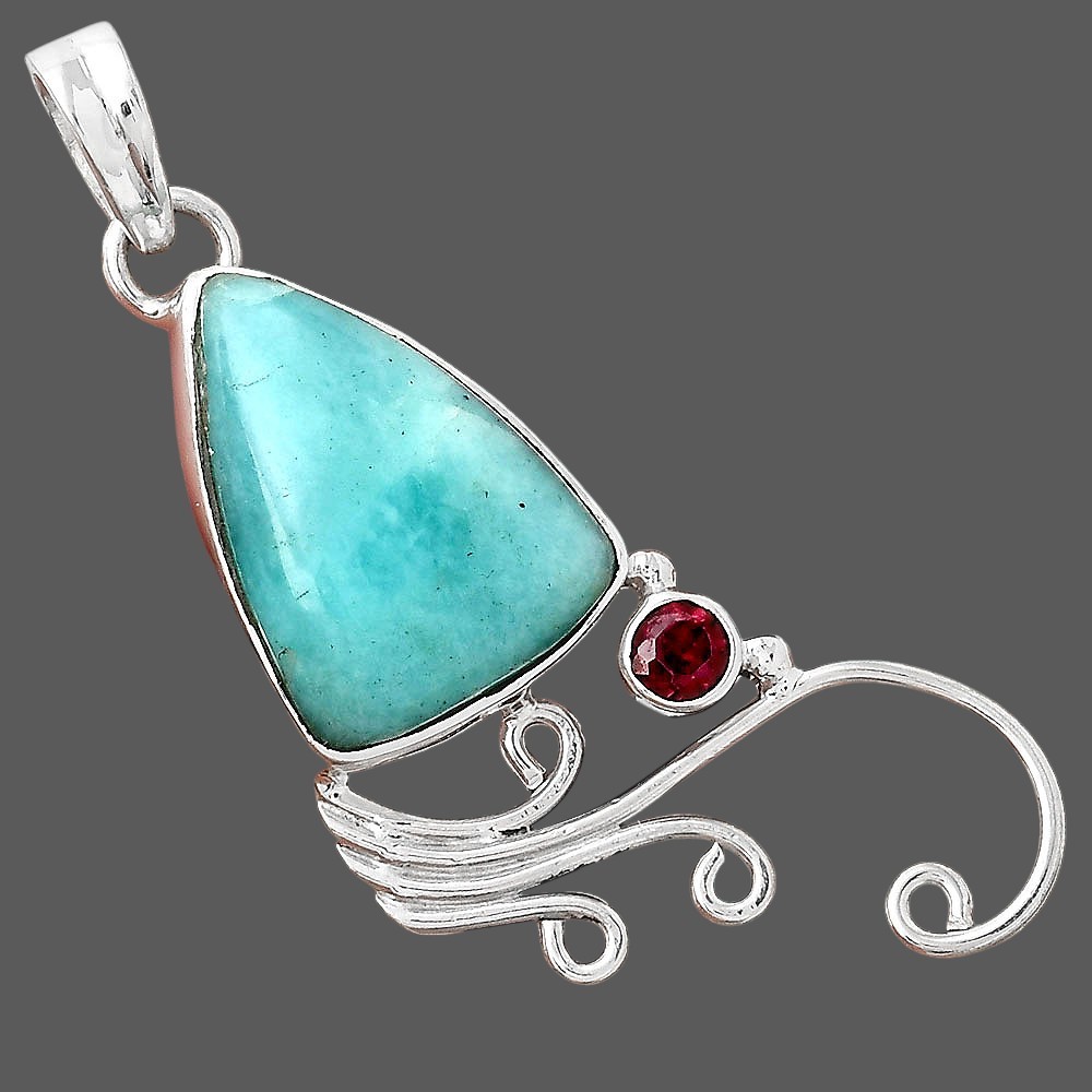 Natural Paraiba Amazonite and Garnet 925 Sterling Silver Pendant Jewelry P-1007