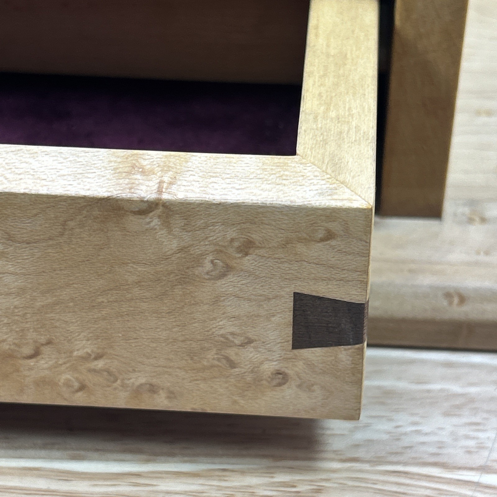 Jewelry Box Handmade Artisan Birdseye Maple Walnut Accent Inlay Lined Dovetail