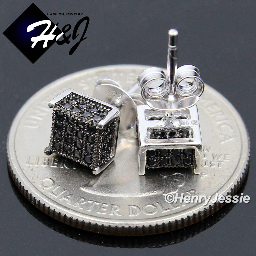 MEN 925 STERLING SILVER 6MM ICY CUBIC ZIRCONIA BLACK/SILVER 3D STUD EARRING*E169