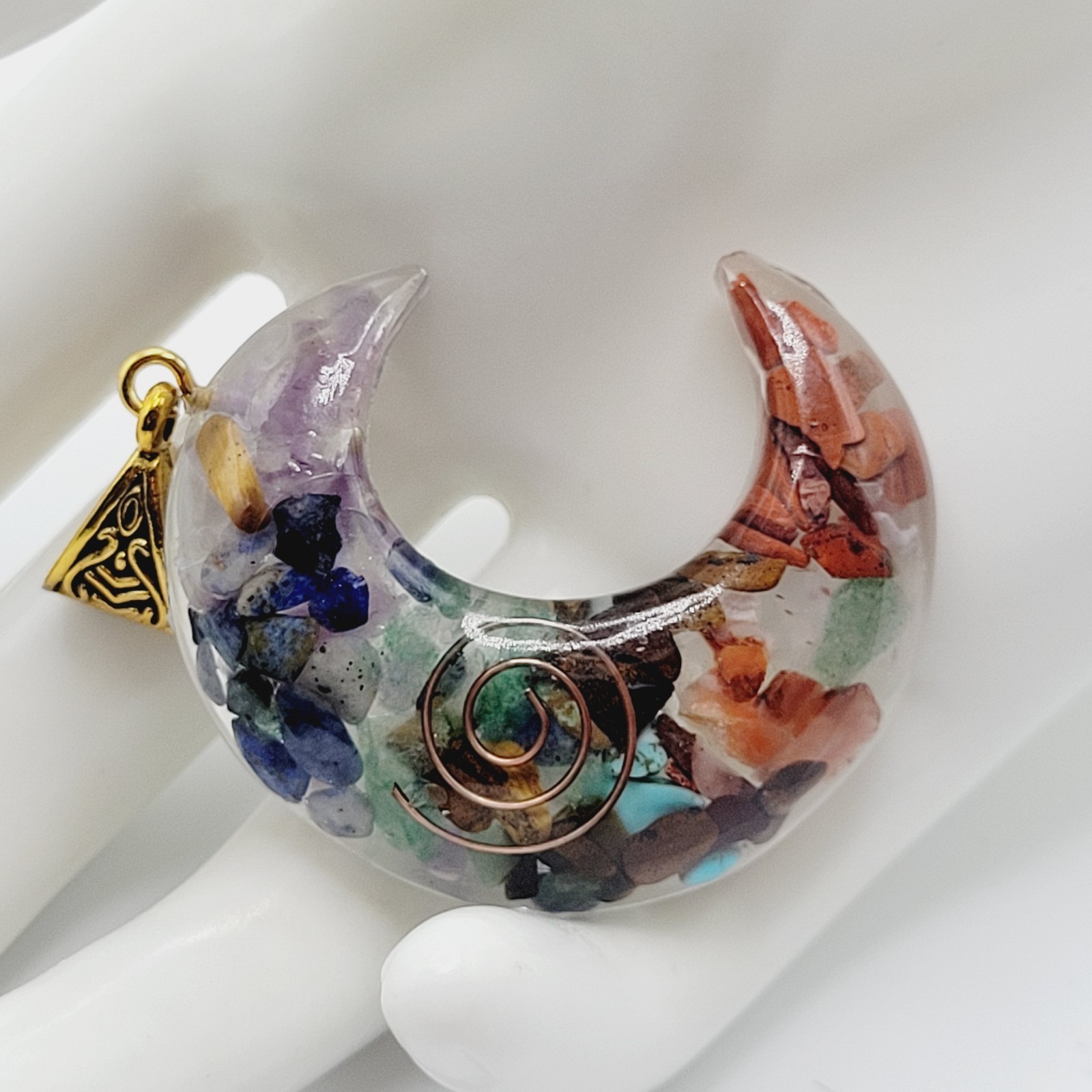 Crescent Moon Shape Orgone Chakra Crystal Chip Pendant Ornate Bail No Chain