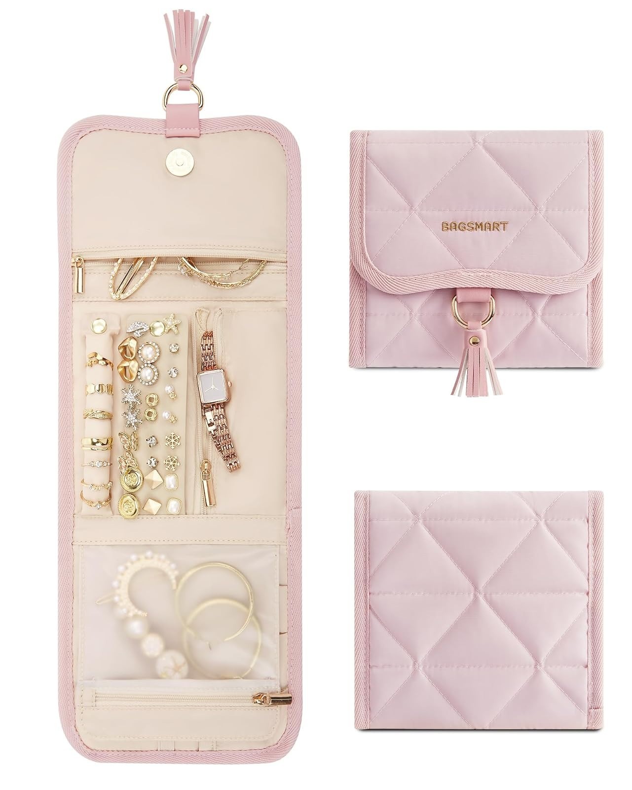 BAGSMART Travel Jewelry Case Organizer – Portable Pink Jewelry Roll