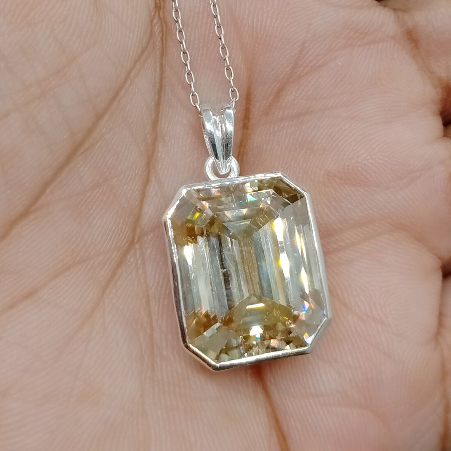 Wedding Gift 21.5 Ct Champagne Emerald Cut Lab Grown Drop Necklace 925 Silver
