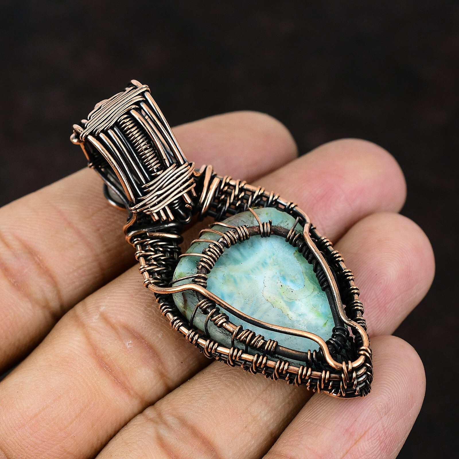 Larimar Jewelry Copper Friend Gift Wire Wrapped Tree Of Life Pendant 2.4″