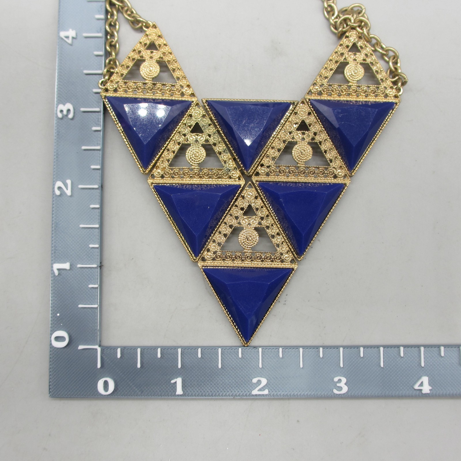 Statement Necklace Triangles Blue Gold Tone Filigree 22 Inch