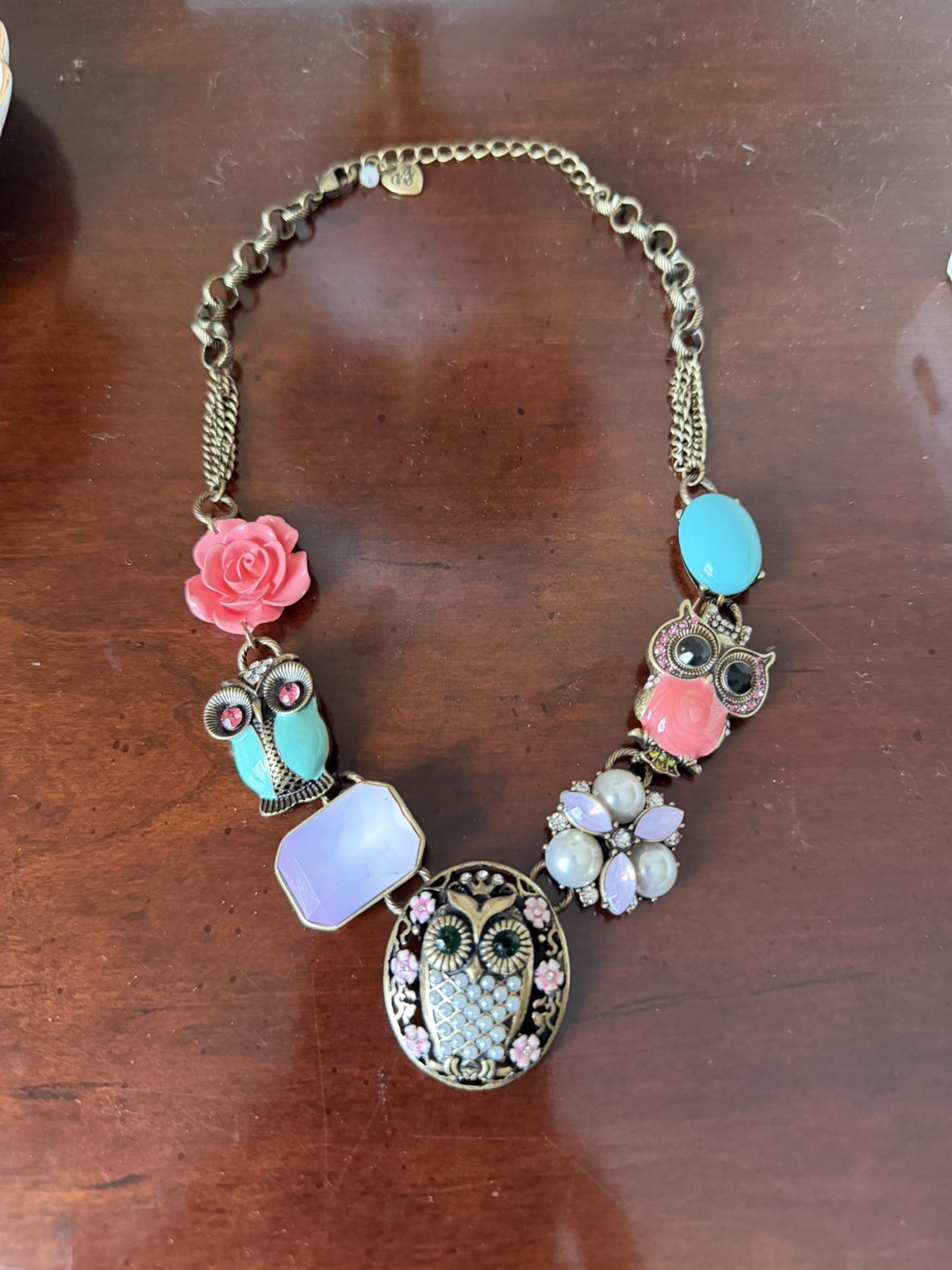 Betsey Johnson Owl Statement Necklace. Rhinestone. Vintage Style. Charm Signed