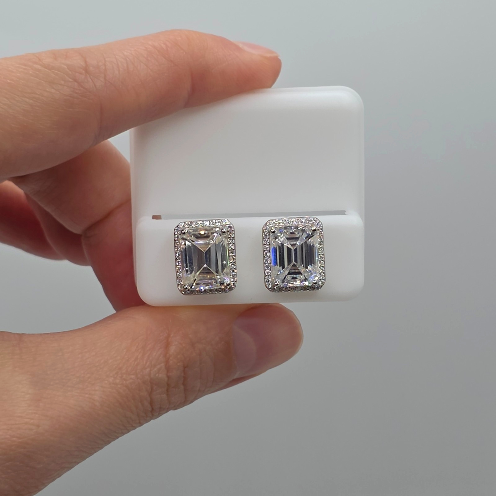 12mm, 8ct, Moissanite 925 Silver Stud Earrings, Rectangle with Halo, Unisex