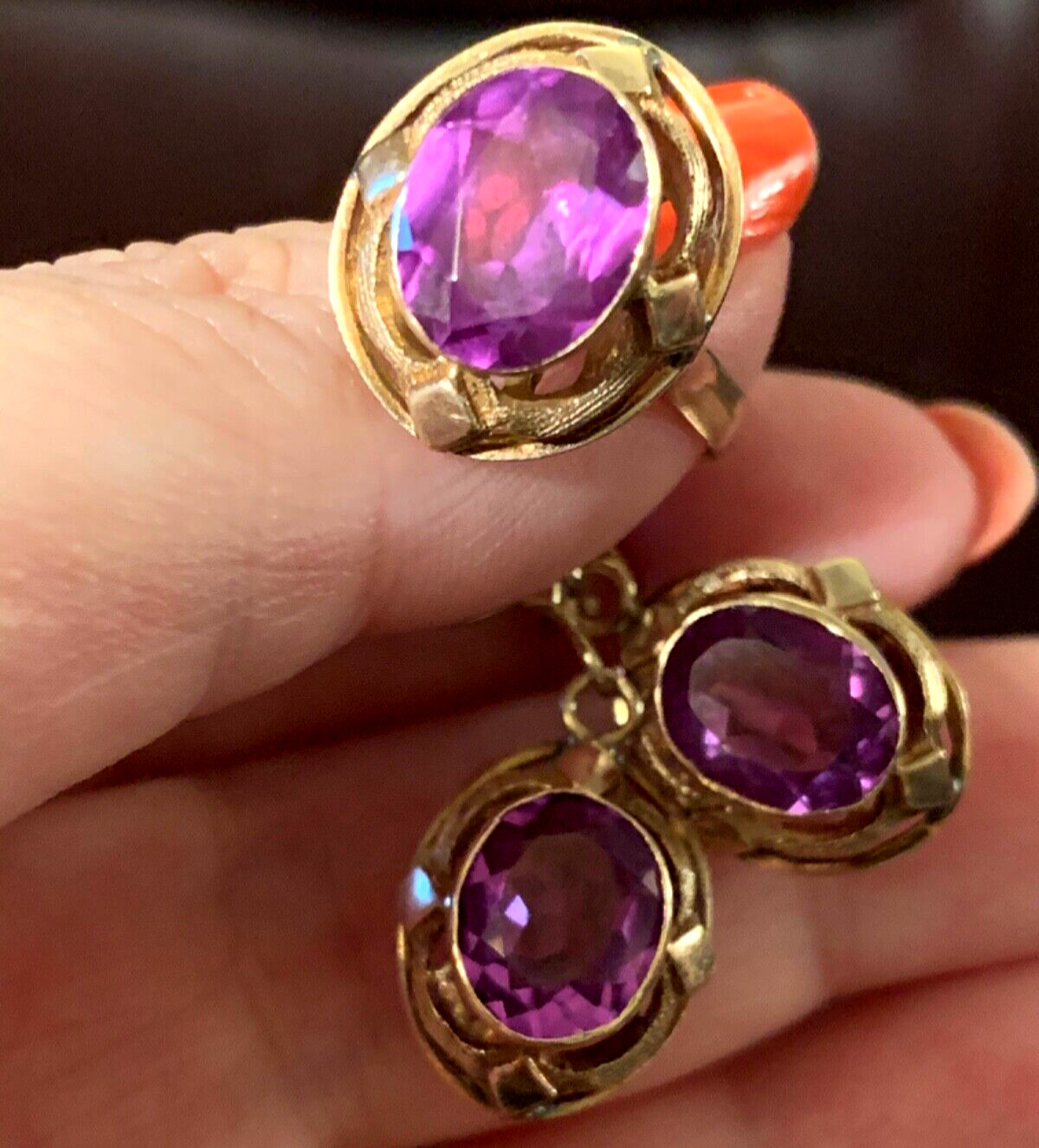 VINTAGE 14K RING & EARRINGS COLOR CHANGE PURPLE SAPPHIRE SET OF 2 CUSTOM MADE