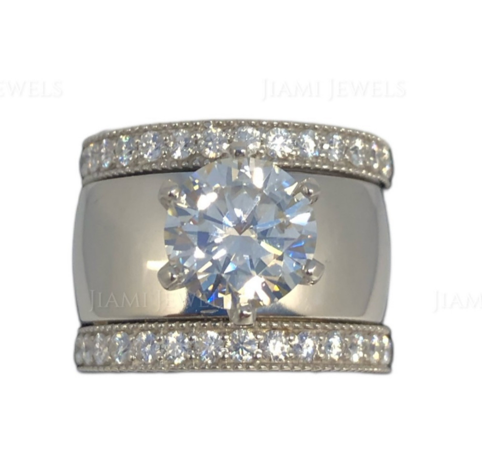 5Ct GRA Moissanite Bridal Trio Ring Set Wide Band 925 Silver White Gold Finish